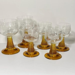 Set of 6 Roemer Wine Glasses - Vintage Barware - France - Etched Grapes Yellow Beehive Stem Wine Glasses - Two sizes