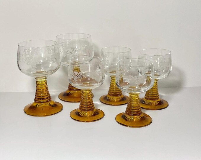 Set of 6 Roemer Wine Glasses - Vintage Barware - France - Etched Grapes Yellow Beehive Stem Wine Glasses - Two sizes