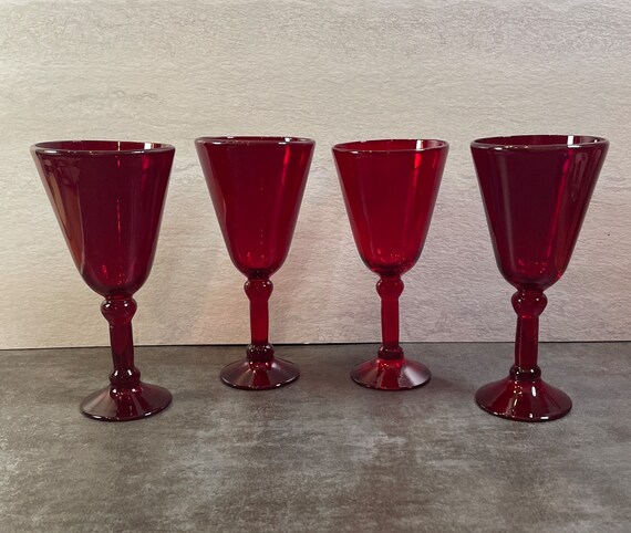 4 Ruby Red Wine Glasses , Pressed Glass With Barley Twist Stem 