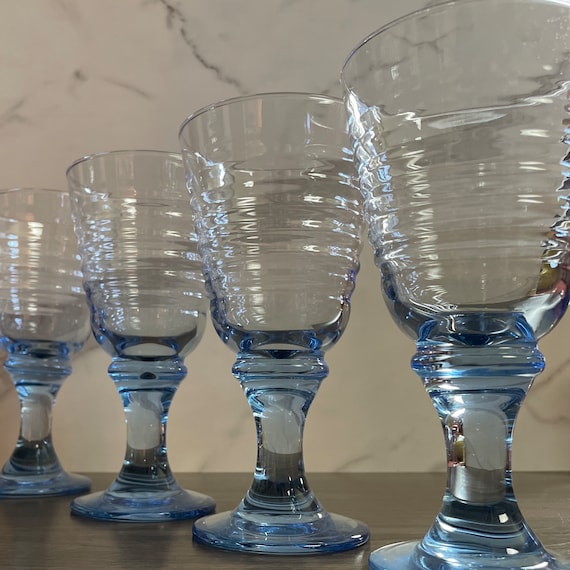 Set of 4 Libbey Sirrus Blue 12 Ounce Wine Goblets - Concentric Rings - Tall Drinking Glasses - Wine Glass - Vintage Barware