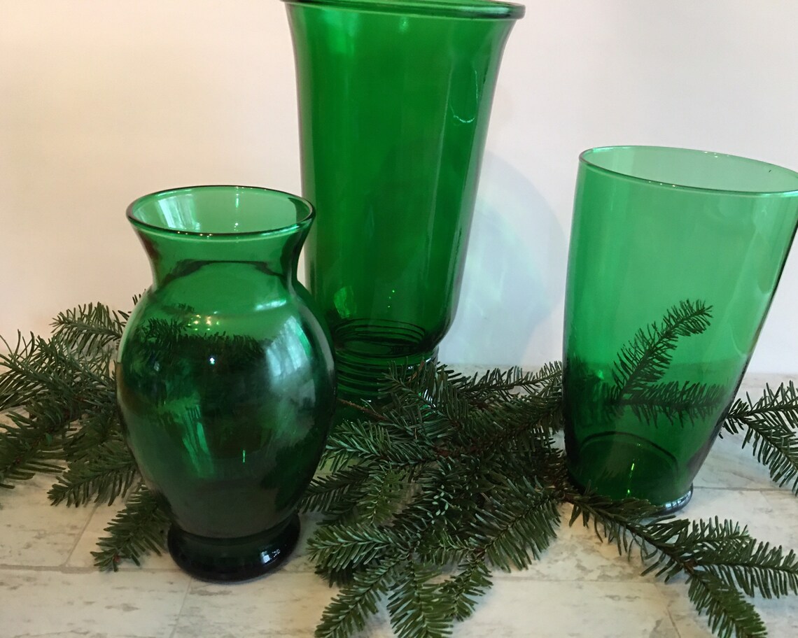 3 Forest Green Charm Vases Vintage Anchor Hocking Vase Wedding Etsy