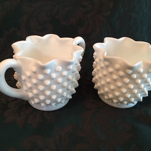 Vintage Fenton Hobnail Milk Glass Cream & Sugar Set Tea Set Shabby Chic Farmhouse Decor Mid Century Collectible Glass Wedding Service