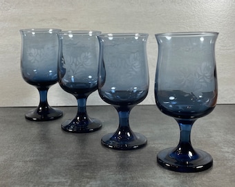 Set of 4 Vintage Connoisseur Blue Libbey Petite Wine Glasses - Vintage Barware - MCM Glasses - Pfaltzgraff Yorktowne - 7 Ounce Capacity