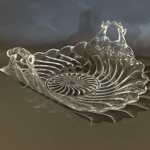 Vintage Fostoria Colony Swirl 9” Curved Plate with Handles - 1940’s Depression Glass - Crystal Serving Dish - Large Bon Bon Dish