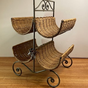 Vintage 4 Bottle Gray Metal & Wicker Countertop Wine Rack - Bar Supplies - Bar Decor - Boho Style