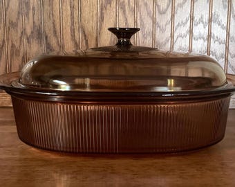 Pyrex 4 Quart Amber Visions Large Roasting Pan - Vintage Pyrex Glass Cookware - Brown Glass Casserole Dish- Dutch Oven Roaster