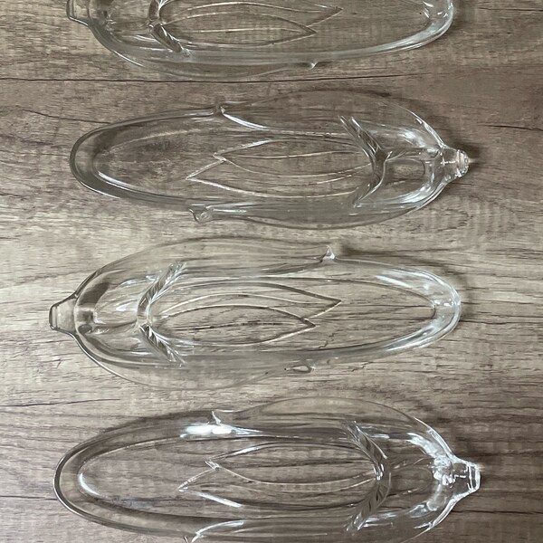 Set of 4 Glass Corn on the Cob  Plates - Vintage Corn Holders - BBQ Dishes - Picnic Plates