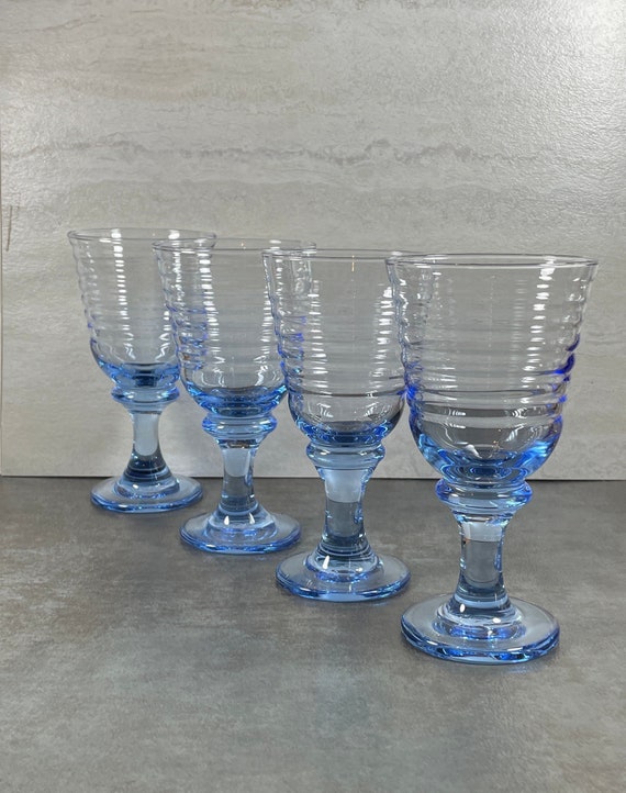 Set of 4 Libbey Sirrus Blue 12 Ounce Wine Goblets Concentric Rings Tall  Drinking Glasses Wine Glass Vintage Barware 