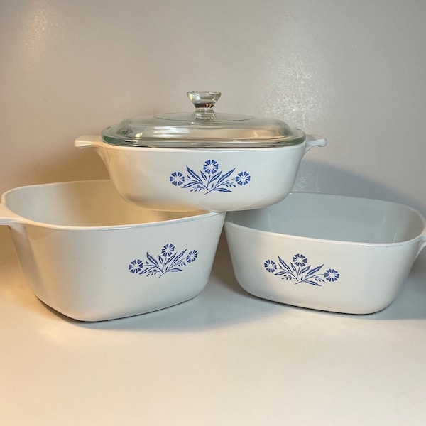 4 Piece Gift Set Corning Ware Blue Cornflower Casserole Dishes - Glass Cookware - 1 Quart - 1 1/2 Quart - 1 3/4 Quart  - 1960’s MCM Kitchen