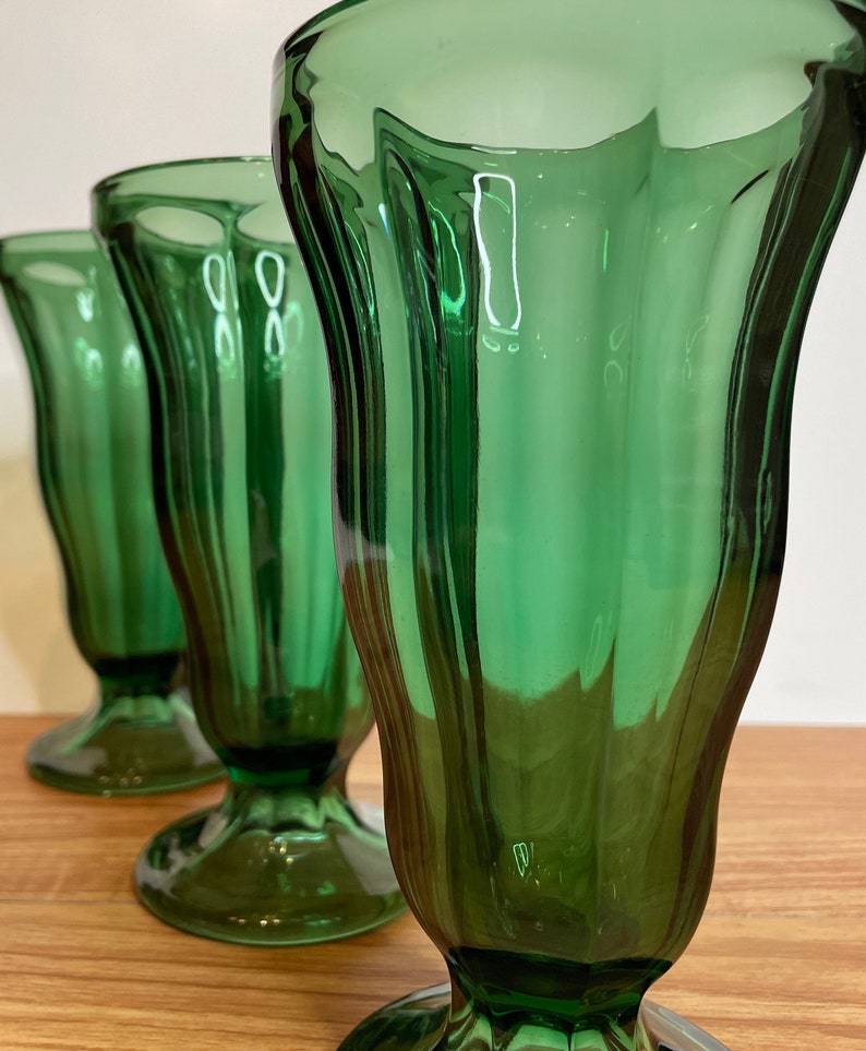 Set of 3 Green Anchor Hocking Glass Ice Cream Sundae Dishes Vintage Milkshake Glass Old Fashioned Soda Fountain Glassware Soda Tumbler image 2