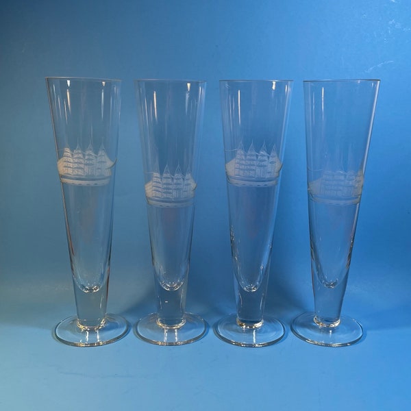 Set of 4 Vintage Toscany Romanian Hand Blown Crystal Ship Pilsner Beer Glasses - Man Cave - Bar Ware - Etched Clipper Glasses