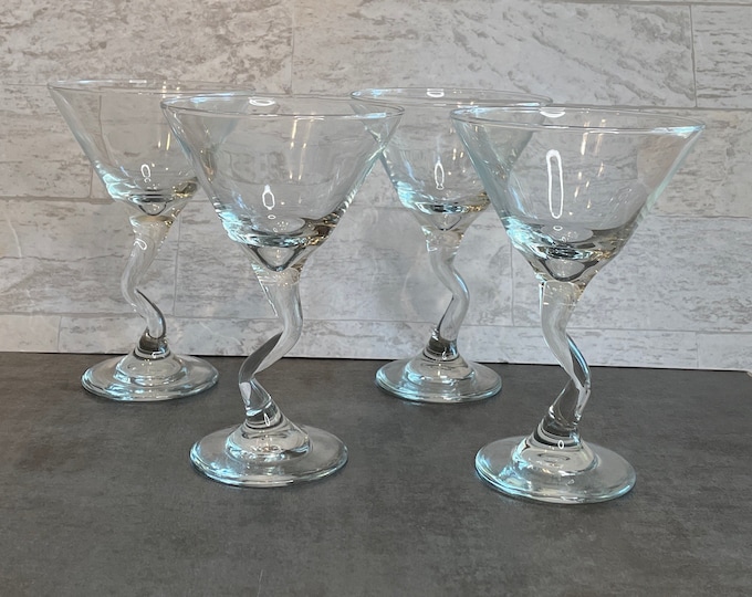 Set of 4 Vintage Libbey Z Stem Martini Glasses Zig Zag Clear Cocktail