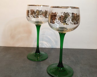 Set of 2 Cristal d’Arques Rhine Wine Glasses  Gold Leaf Vintage 1990’s Made in France Green Stem Wine Hock Glasses