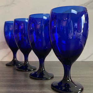 Set of 4 Vintage Cobalt Blue Libbey Premiere Water Goblets - Wine Glasses - Barware