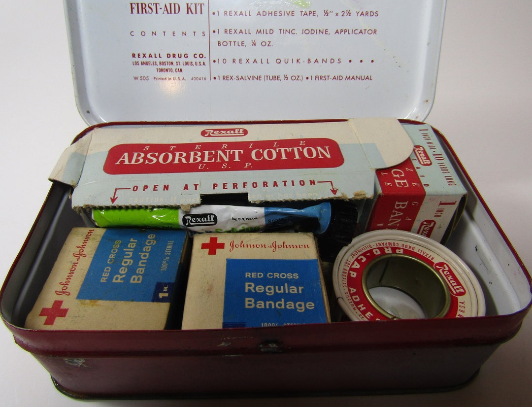 Vintage Rexall First Aid Kit Complete Vintage Pharmacy Medical Supplies