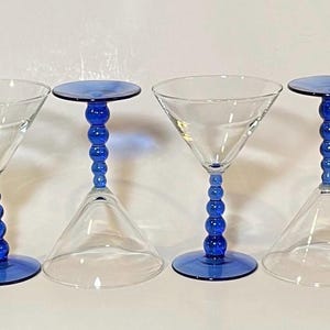 Set of 4 Vintage Metropolis Blue Mediterranean Libbey Martini Glasses - Cobalt Blue Bubble Stem Cocktail Glasses - Vintage Barware