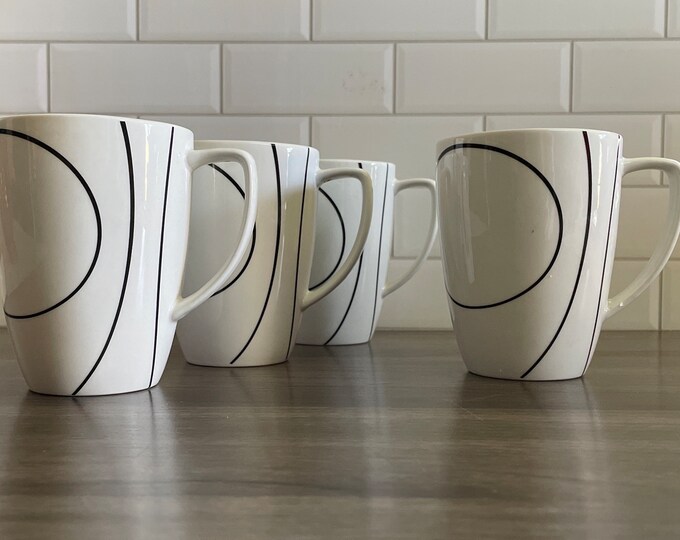 Set of 4 Simple Lines Corelle Coordinates White Stoneware Mugs Black