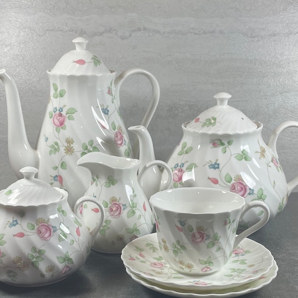 Wedgewood Rosehip Tea and Coffee Service - Vintage English Bone China - Antique Dishes - Pink Green Floral