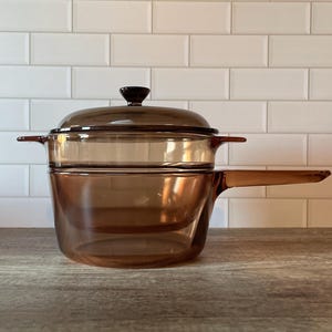 Pyrex Amber Brown Visions 1.5 Liter Saucepan with Double Boiler Insert - Vintage Glass Cookware - Glass Pots and Pans