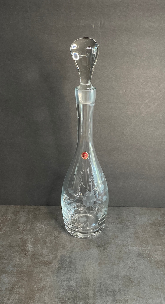 Vintage Floral Etched Crystal Wine Decanter Made in Romania Water