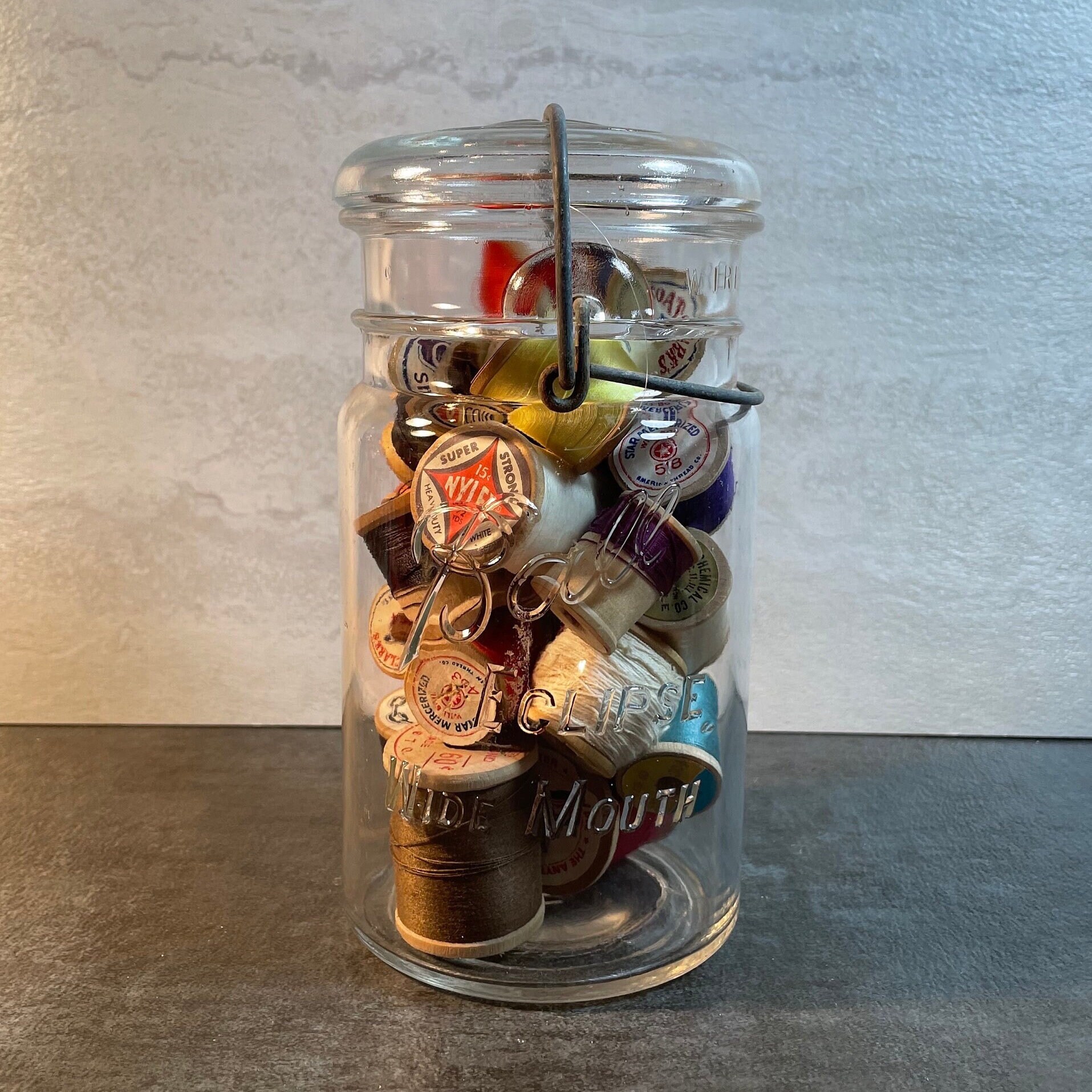 22 Wooden Thread Spools in an Antique Ball Eclipse Jar with Wire Bale - Farmhouse Decor - Vintage Canning Jars - Sewing Notions