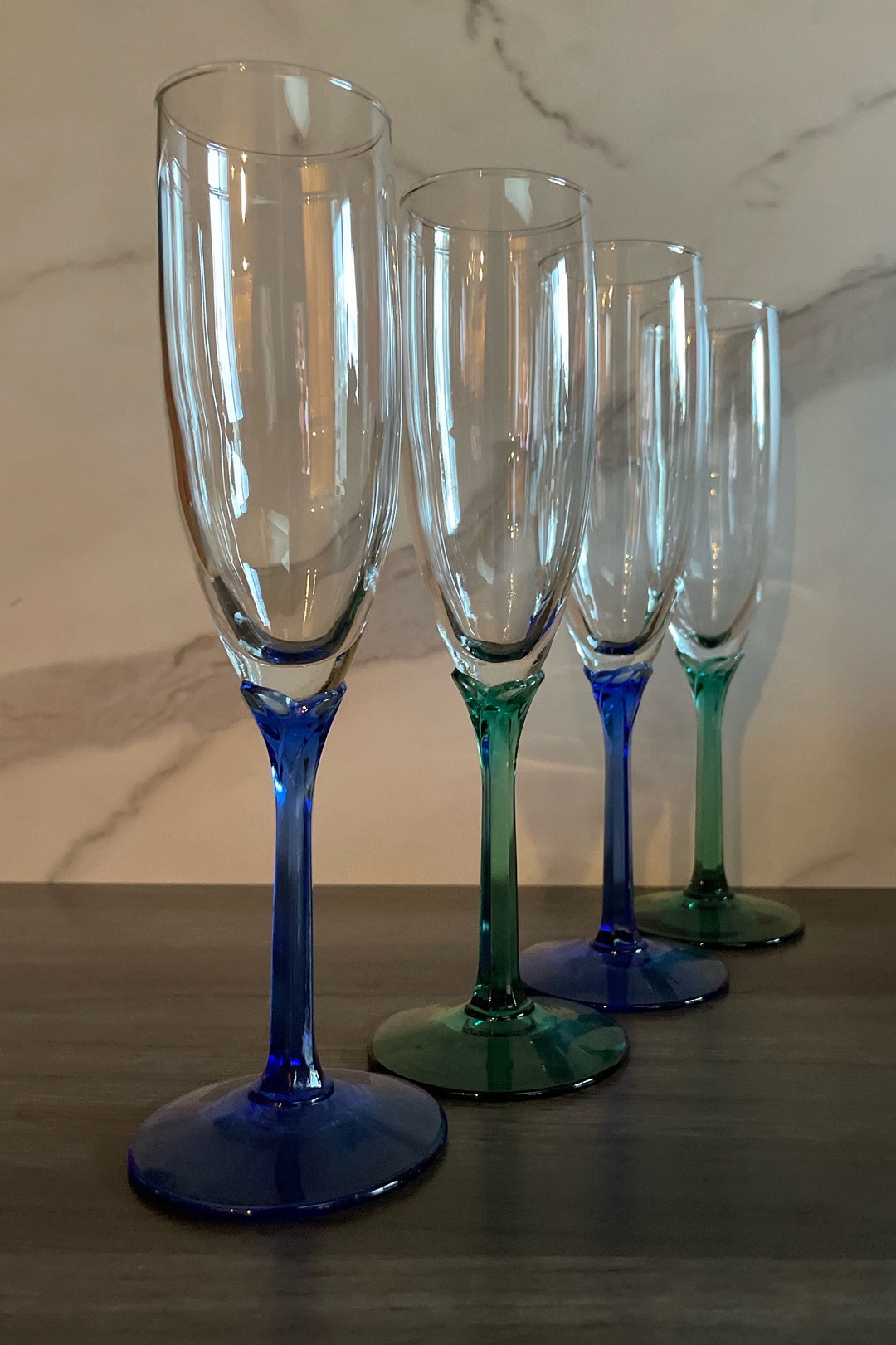 Set of 4 Vintage Green & Blue Libbey Domaine Champagne Wine 