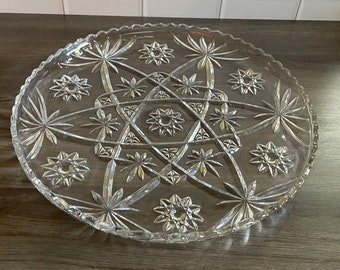 Vintage EAPG Prescut Anchor Hocking Star of David Pressed Glass Cake Plate - Mid Century Kitchenware