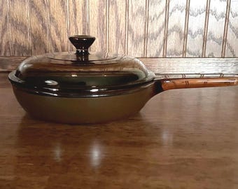 7” Corning Visions Amber Non-Stick Skillet with Lid - Frying Pan - Vintage Brown Pyrex Cookware