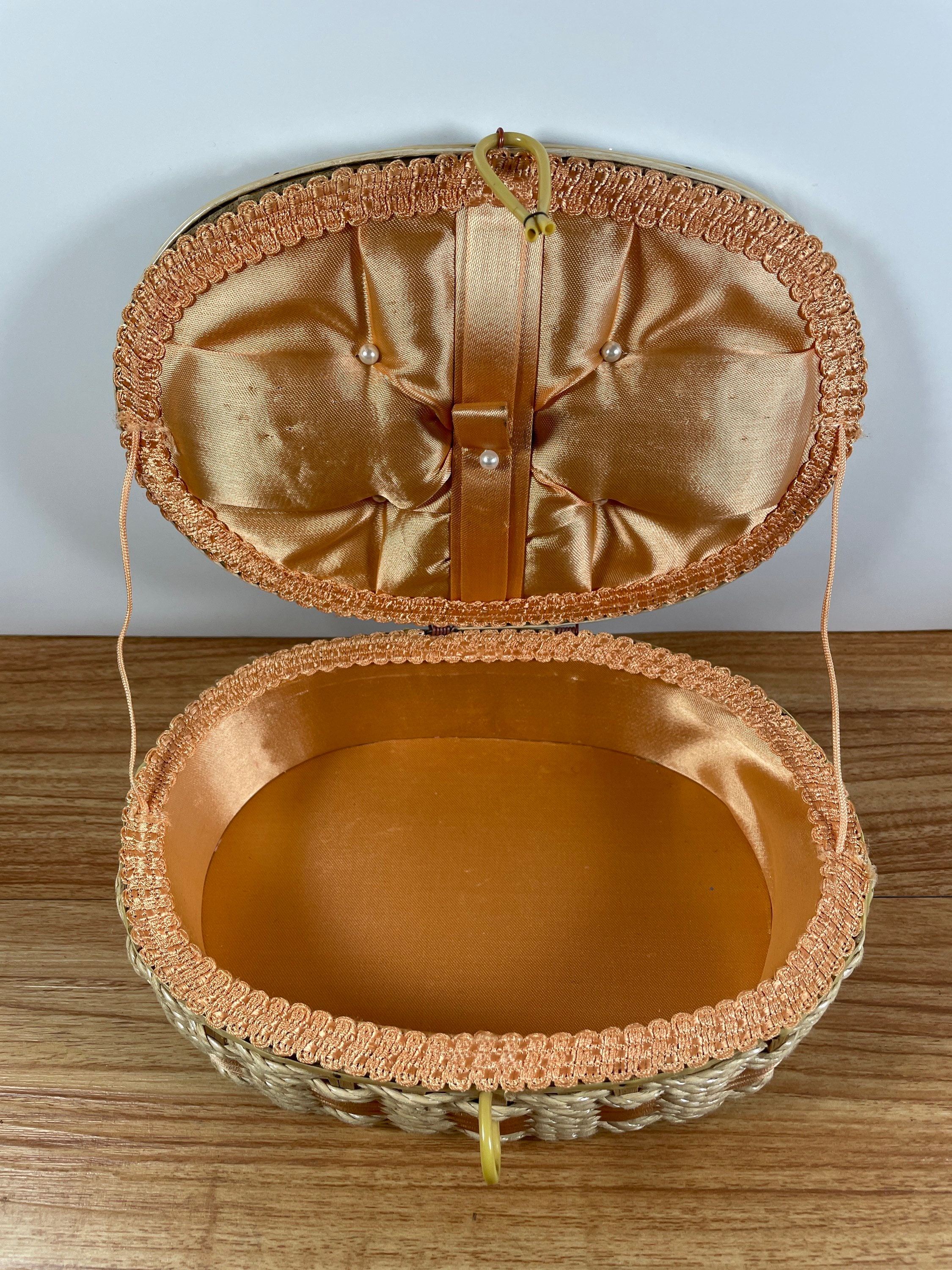 Vintage Small Sewing Basket Satin Lined Mid Century Craft Etsy