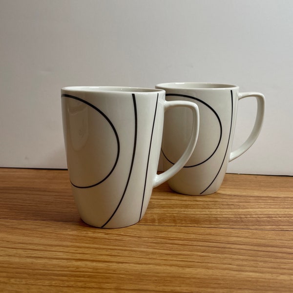 Set of 2 Simple Lines Corelle Coordinates White Stoneware Mugs - Black and White Modern Kitchen - Corning Ware Replacement Cup