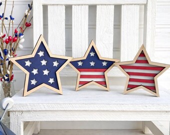 Patriotic Tiered Tray Decor | 4th of July Star Decor | Red White Blue Wood Stars | Memorial Day Tray Decor | Americana Decor