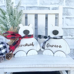 Personalized Wood Polar Bear, Polar Bear Shelf Sitters, Polar Bear Decor, White Home Decor, Holiday Decor