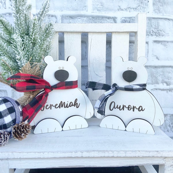 Personalized Wood Polar Bear, Polar Bear Shelf Sitters, Polar Bear Decor, White Home Decor, Holiday Decor