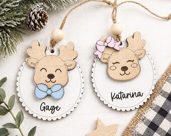 Personalized Reindeer Ornament, Custom Kids Christmas Ornament, Baby First Christmas, Name Ornament, Boy Girl Ornament, Stocking Tag