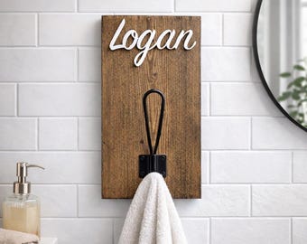 Gancho para toallas personalizado, colgador de toallas de baño, gancho con nombre personalizado, gancho de pared, colgador de mochilas, gancho de madera, decoración de entrada