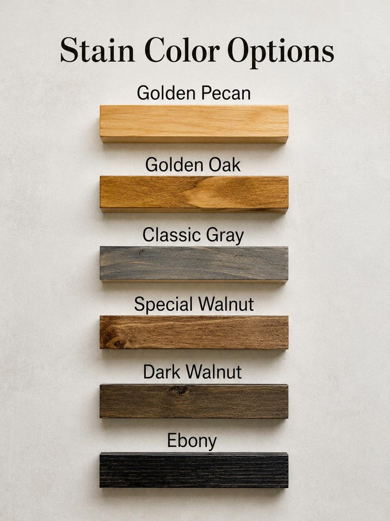 May include: Image showing stain color options for wood. The options include Golden Pecan, Golden Oak, Classic Gray, Special Walnut, Dark Walnut, and Ebony. Each color is displayed on a rectangular wooden block.
