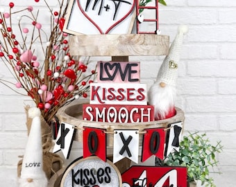 Valentine Tiered Tray Decor Set Farmhouse Valentine Decor Love Kisses XO Tray Decor Valentine Home Decor Bundle