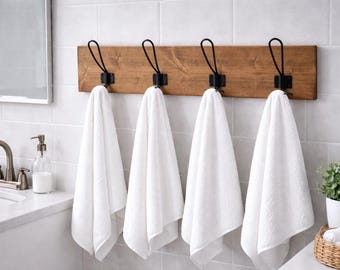 Farmhouse Wooden Towel Rack Wall Mount | Rustic Bathroom Towel Holder | Wood Wall Hooks | Bathroom Organizer | Modern Farmhouse Decor