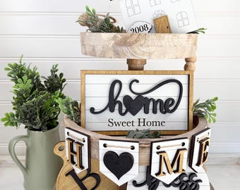 Home Sweet Home Tiered Tray Bundle, Farmhouse Tiered Tray Decor, Wedding Gift, Personalized Tiered Tray Signs, Farmhouse Decor