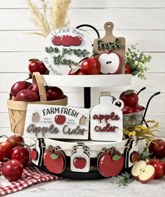 Apple Tiered Tray Decor, Farm Fresh Apple Cider Decor Set, Fall Kitchen Decor, Apple Picking Theme, Farmhouse Tiered Tray Decor