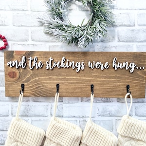 And the stockings were hung, Stocking hanger, Wooden stocking sign with hooks, wall stocking sign hanger, stocking display