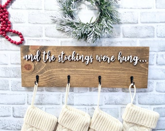 And the stockings were hung, Stocking hanger, Wooden stocking sign with hooks, wall stocking sign hanger, stocking display