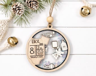Personlig julgransprydnad för barnets första, anpassad julgransprydnad för nyfödda, födelsestatistik för bebisar, minnesgåva för nyfödda, babyshowerpresent