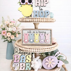 Easter Tier Tray Decor Set, Pastel Farmhouse Easter Decorations, Hoppy Easter Mini Sign Bundle