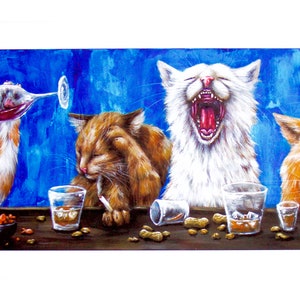 Drinking Buddies Print | Cats drinking art, comical cat art, cat lovers collectables