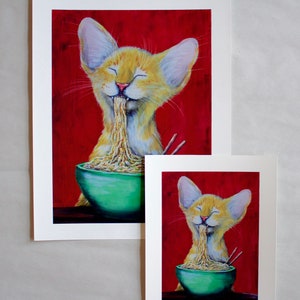Cat Art Print | Noodle Cat Print, Cat lover prints, cat eating ramen, funny cat art, comical cat, trending art, giclee art print
