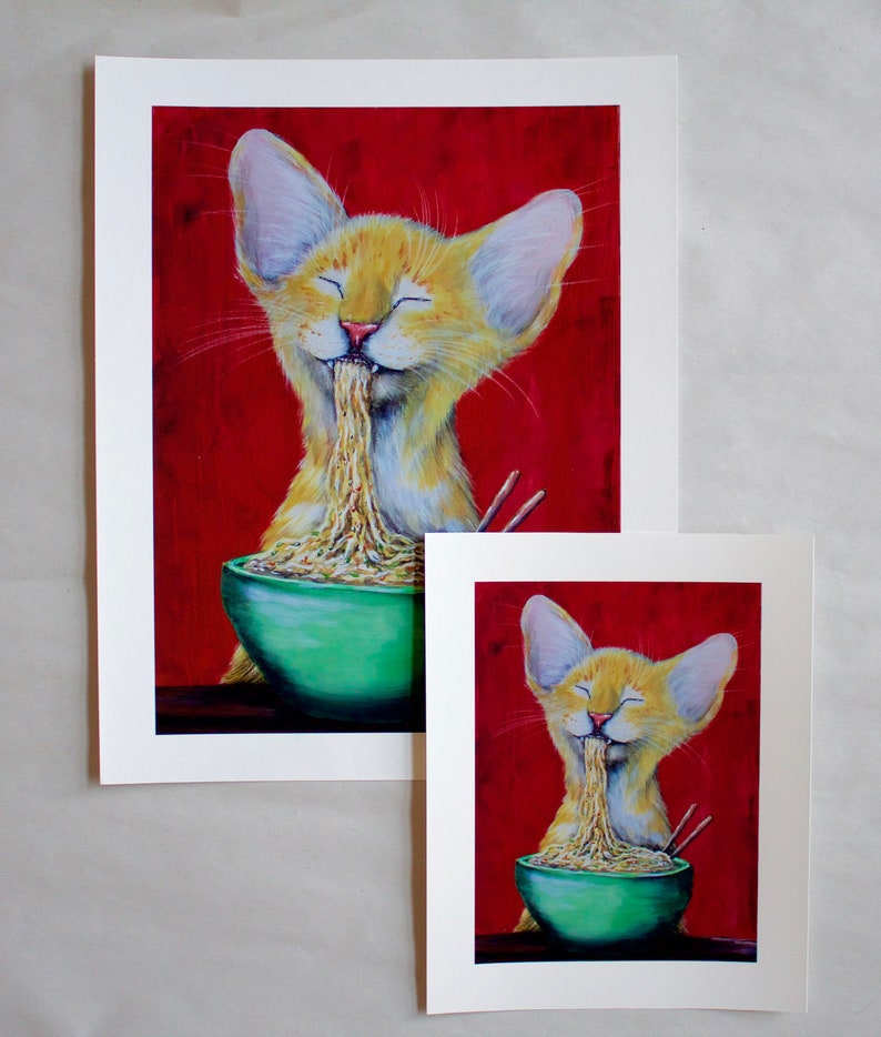 Cat Art Print | Noodle Cat Print, Cat lover prints, cat eating ramen, funny cat art, comical cat, trending art, giclee art print image 1