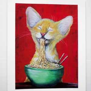 Cat Art Print | Noodle Cat Print, Cat lover prints, cat eating ramen, funny cat art, comical cat, trending art, giclee art print image 3