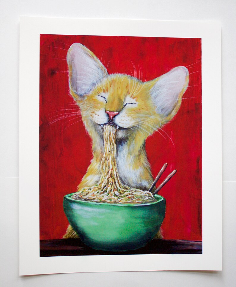 Cat Art Print | Noodle Cat Print, Cat lover prints, cat eating ramen, funny cat art, comical cat, trending art, giclee art print image 3