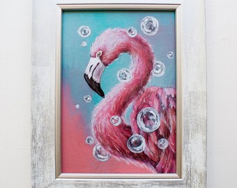 Mini Original Painting | Bubble Flamingo, cute small acrylic bird painting, surreal flamingo art, flamingo painting